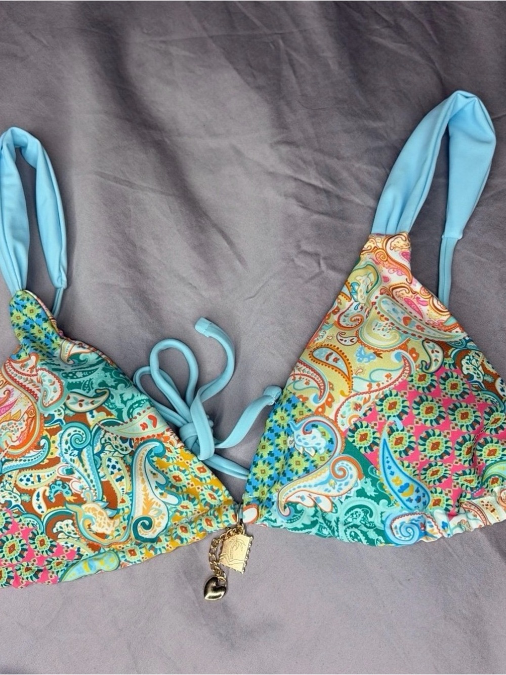 NEW | Multicolor Paisley Triangle Bikini with Light Blue Straps - Picture 3 of 6